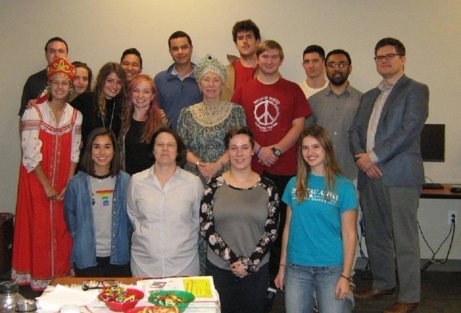 A group of Russian Club members poses during a meeting. 