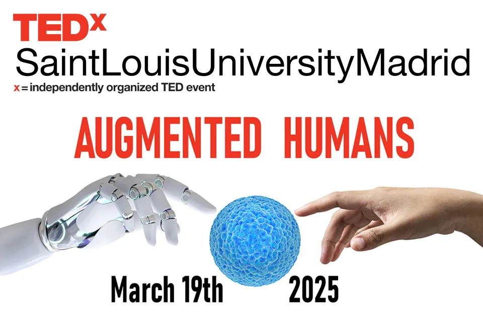 Graphic reading TEDx Saint Louis University Madrid, Augmented Humans, March 2025. There is a globe with a plant growing out of it, with a human hand on one side and a robot hand on the other.