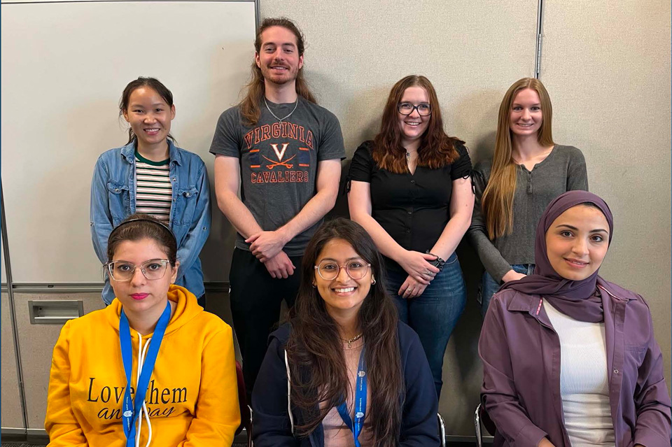 Class of 2024, SLU Core Graduate Program in the Biomedical Sciences Back Row (L to R): Wenzheng Guo, Andy Rocca, Erin Vest, Mikayla Bode Front Row: Zahra Alibolandi, Anshita Sharma, Haya Alkhateeb