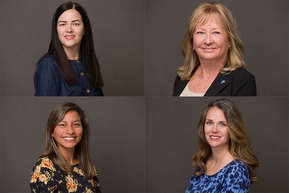 A collage of four female nurses photographed in a studio against a gray background.
