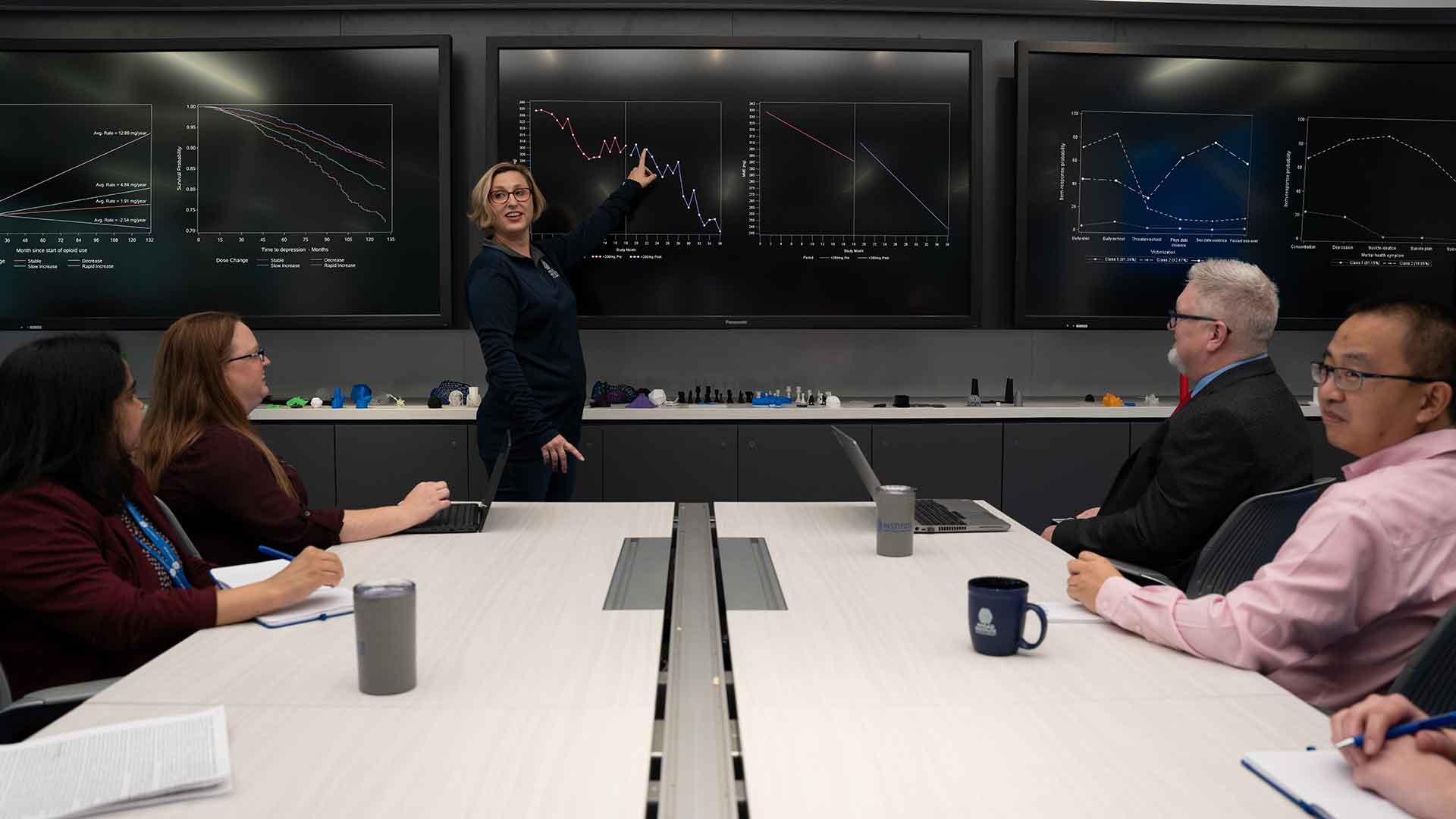 A woman points to a large screen that is showing two graphs while addressing the staff of the AHEAD Institute.