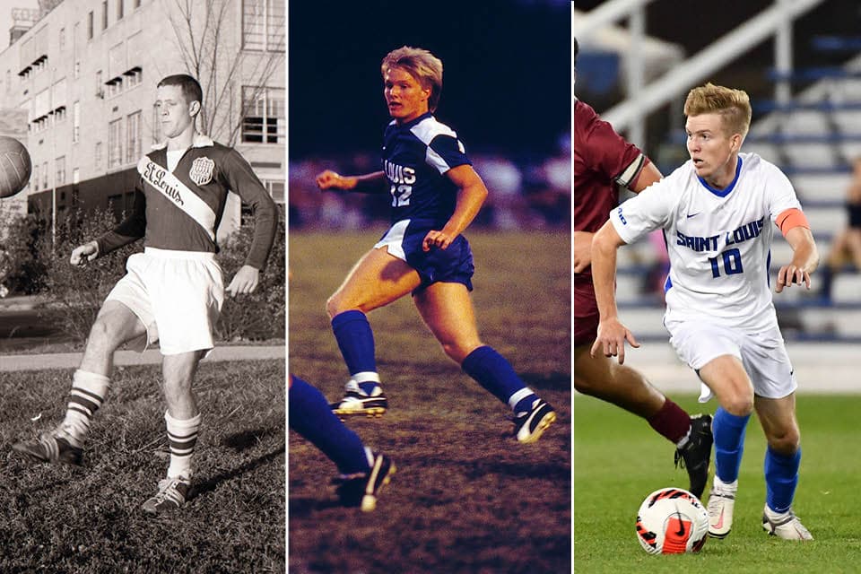 A triptych photo of John Klein I in 1959, John Klein II in 1985 and John Klein III. 